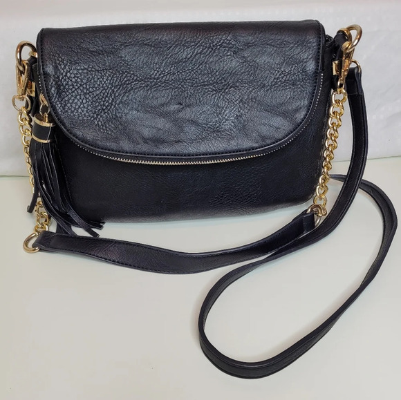 Black with Gold Chain Accent 2 in 1 Handbag Shoulder Bag - Picture 2 of 12